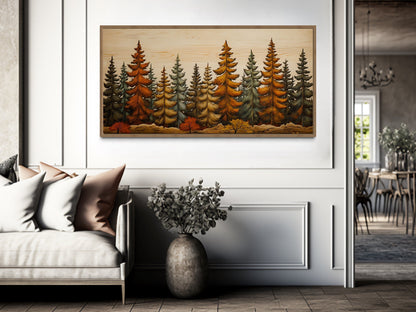 Autumn Forest Wall Art – Rustic Fir Tree Painting on Wood Effect Canvas