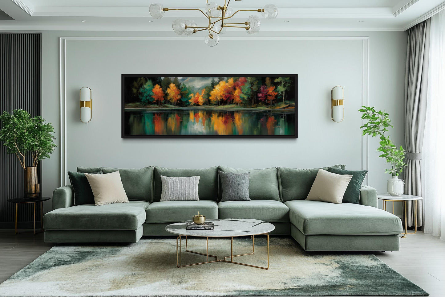 Autumn Forest Yellow Green Red Lake Reflection Long Narrow Canvas Wall Art