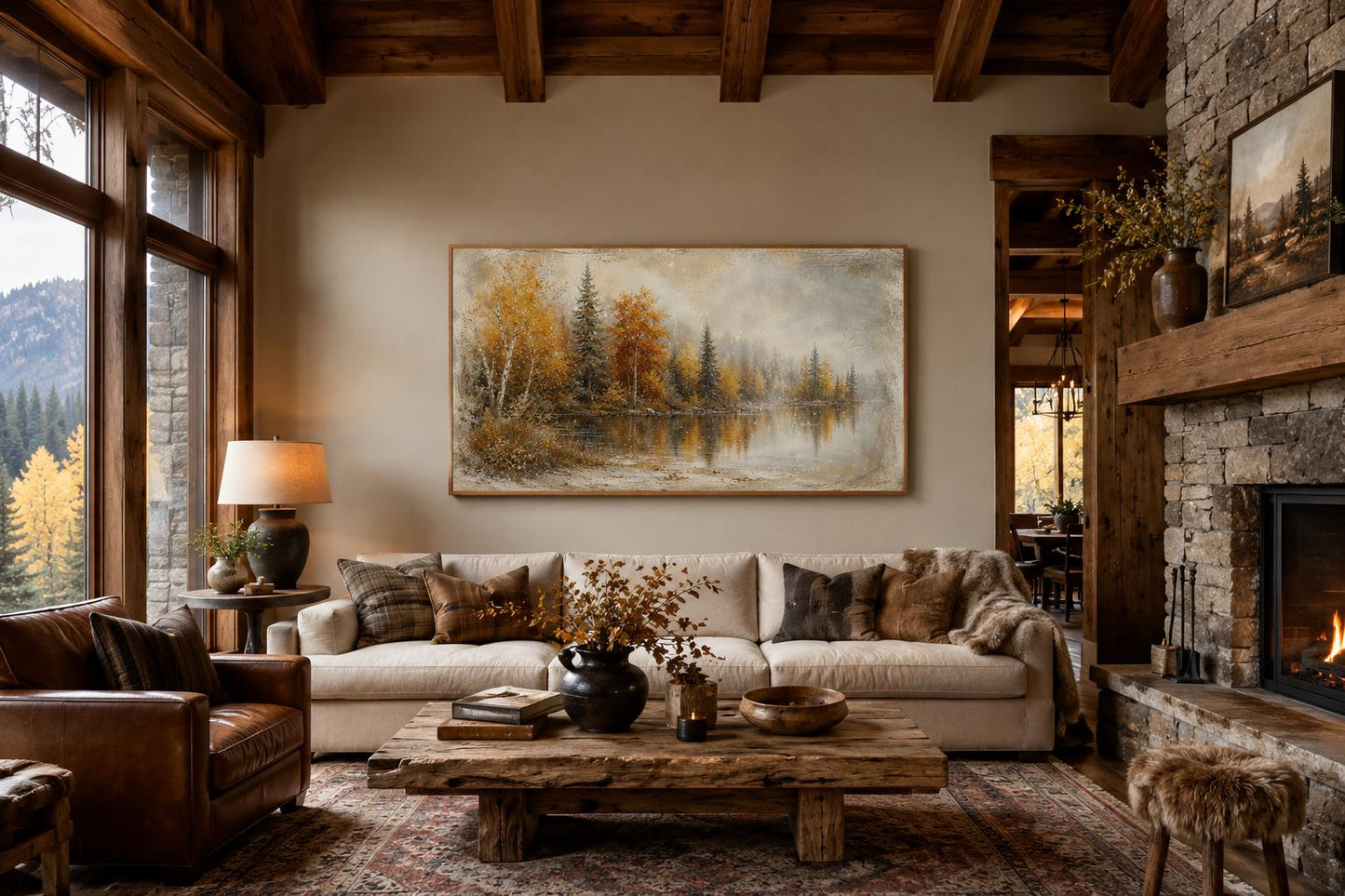 Autumn Lake Wall Art - Misty Lake Canvas | Rustic Mantel Art & Fall Forest Decor