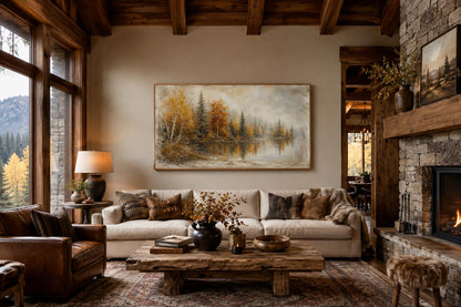 Autumn Lake Wall Art - Misty Lake Canvas | Rustic Mantel Art & Fall Forest Decor