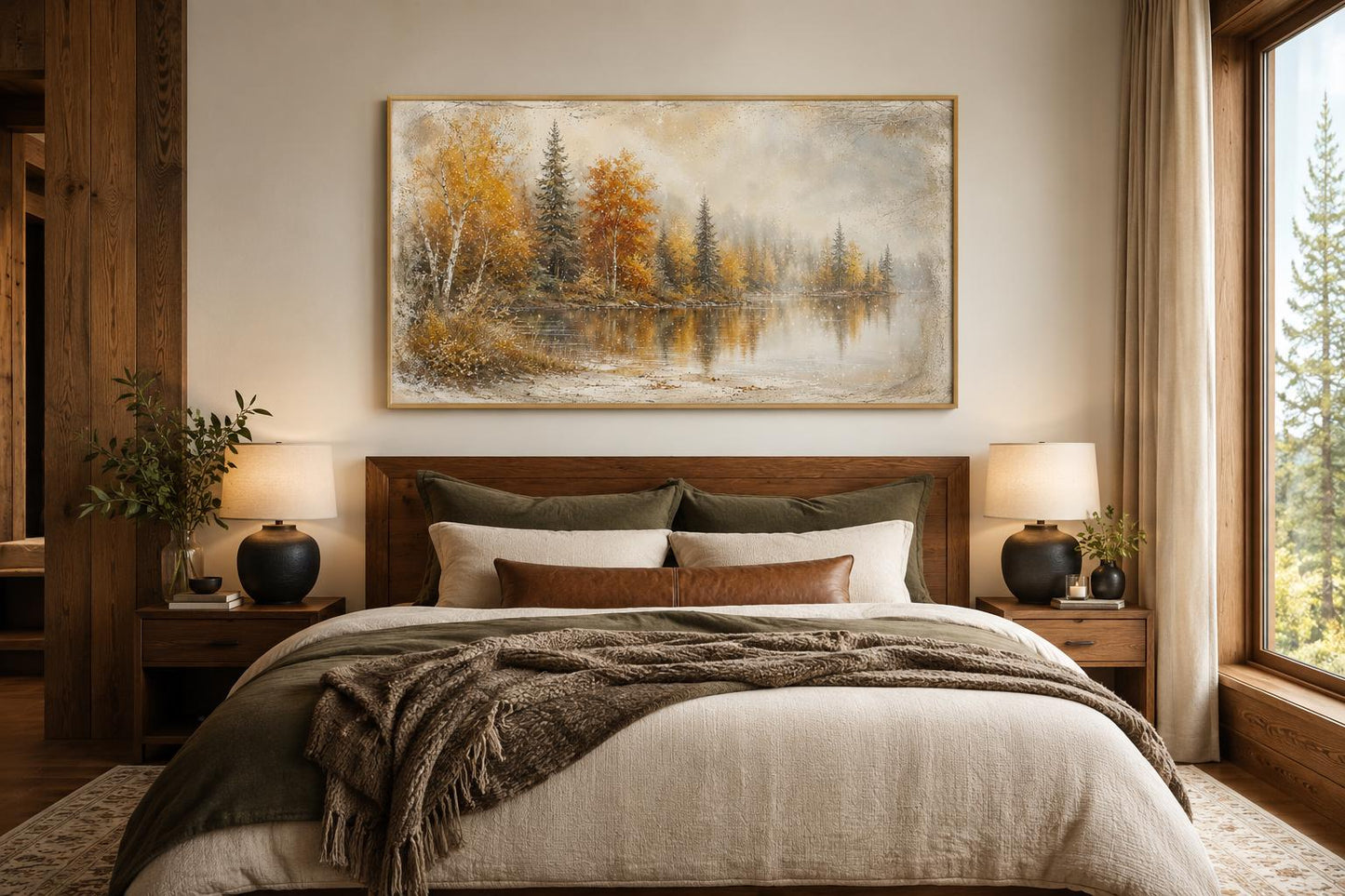 Autumn Lake Wall Art - Misty Lake Canvas | Rustic Mantel Art & Fall Forest Decor