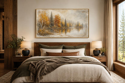 Autumn Lake Wall Art - Misty Lake Canvas | Rustic Mantel Art & Fall Forest Decor