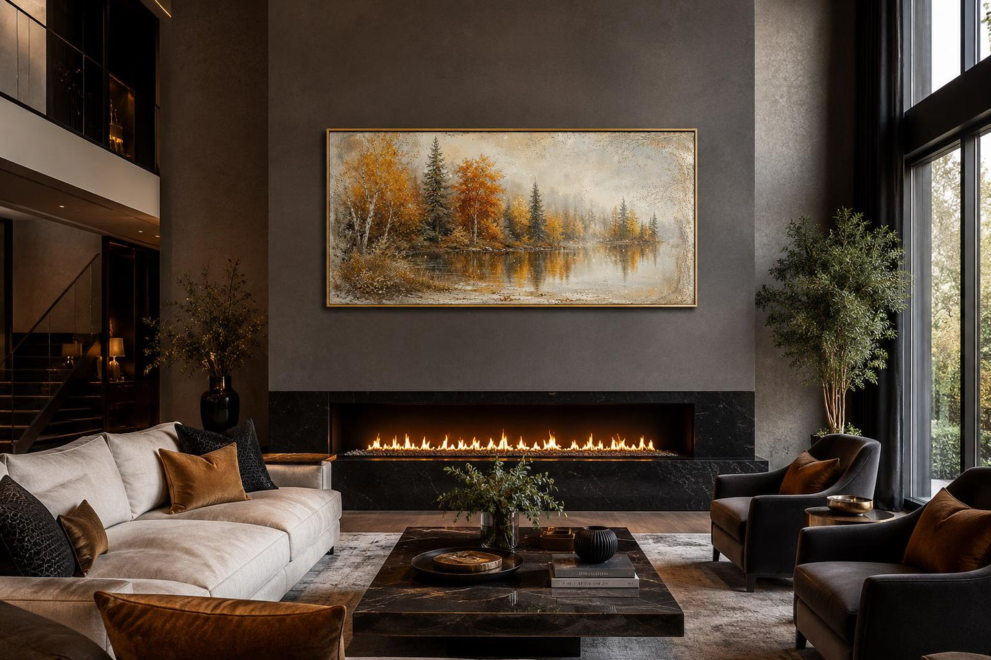 Autumn Lake Wall Art - Misty Lake Canvas | Rustic Mantel Art & Fall Forest Decor