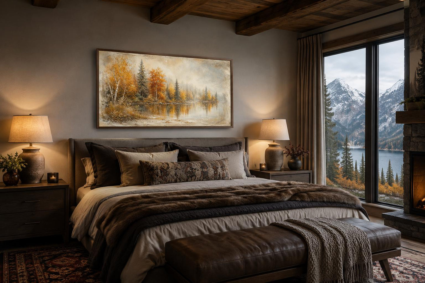 Autumn Lake Wall Art - Misty Lake Canvas | Rustic Mantel Art & Fall Forest Decor
