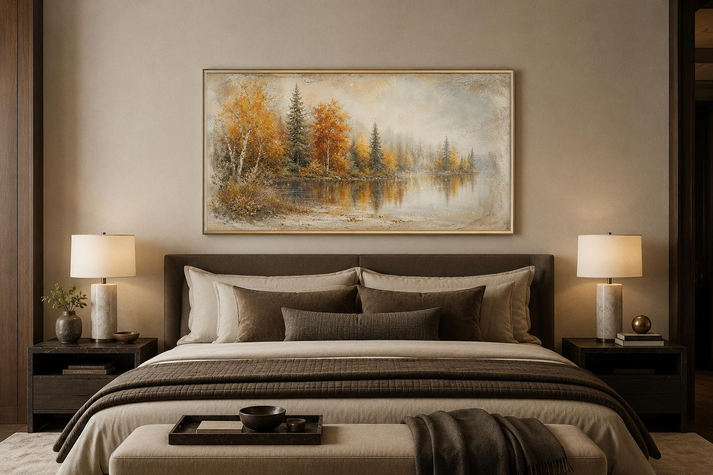 Autumn Lake Wall Art - Misty Lake Canvas | Rustic Mantel Art & Fall Forest Decor