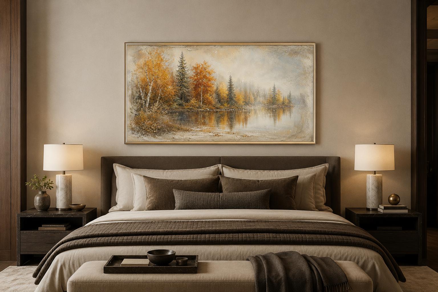 Autumn Lake Wall Art - Misty Lake Canvas | Rustic Mantel Art & Fall Forest Decor