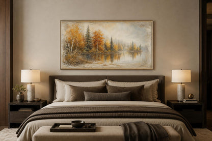 Autumn Lake Wall Art - Misty Lake Canvas | Rustic Mantel Art & Fall Forest Decor