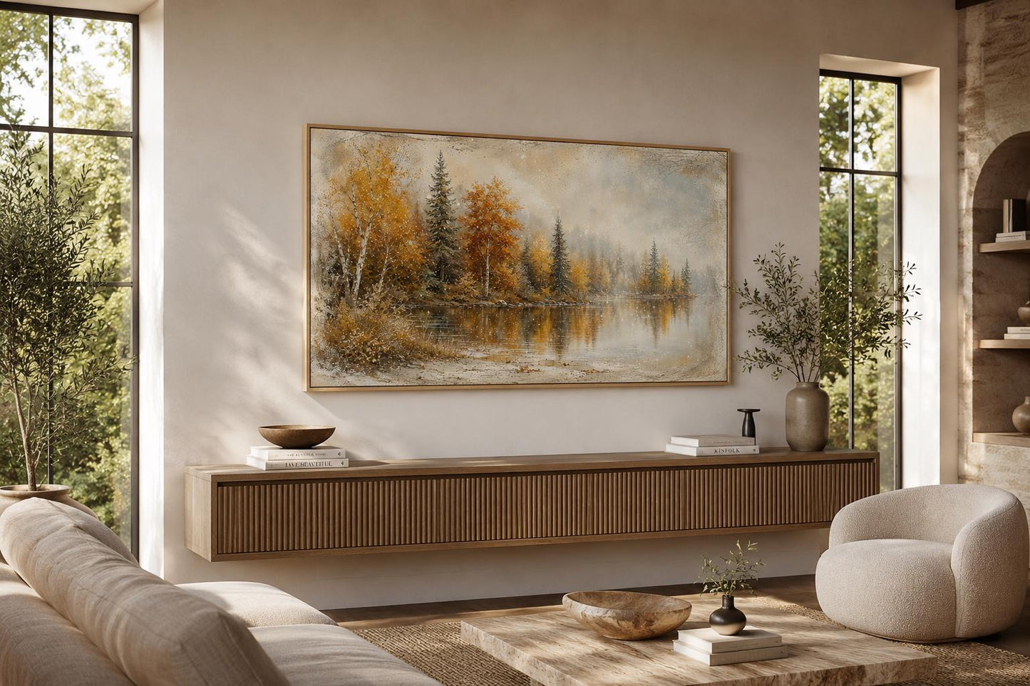 Autumn Lake Wall Art - Misty Lake Canvas | Rustic Mantel Art & Fall Forest Decor