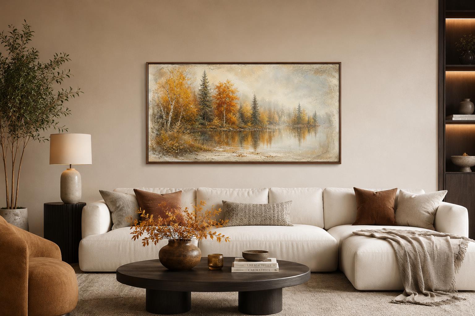 Autumn Lake Wall Art - Misty Lake Canvas | Rustic Mantel Art & Fall Forest Decor