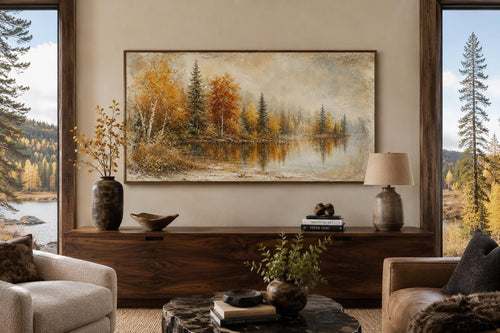 Autumn Lake Wall Art - Misty Lake Canvas | Rustic Mantel Art & Fall Forest Decor