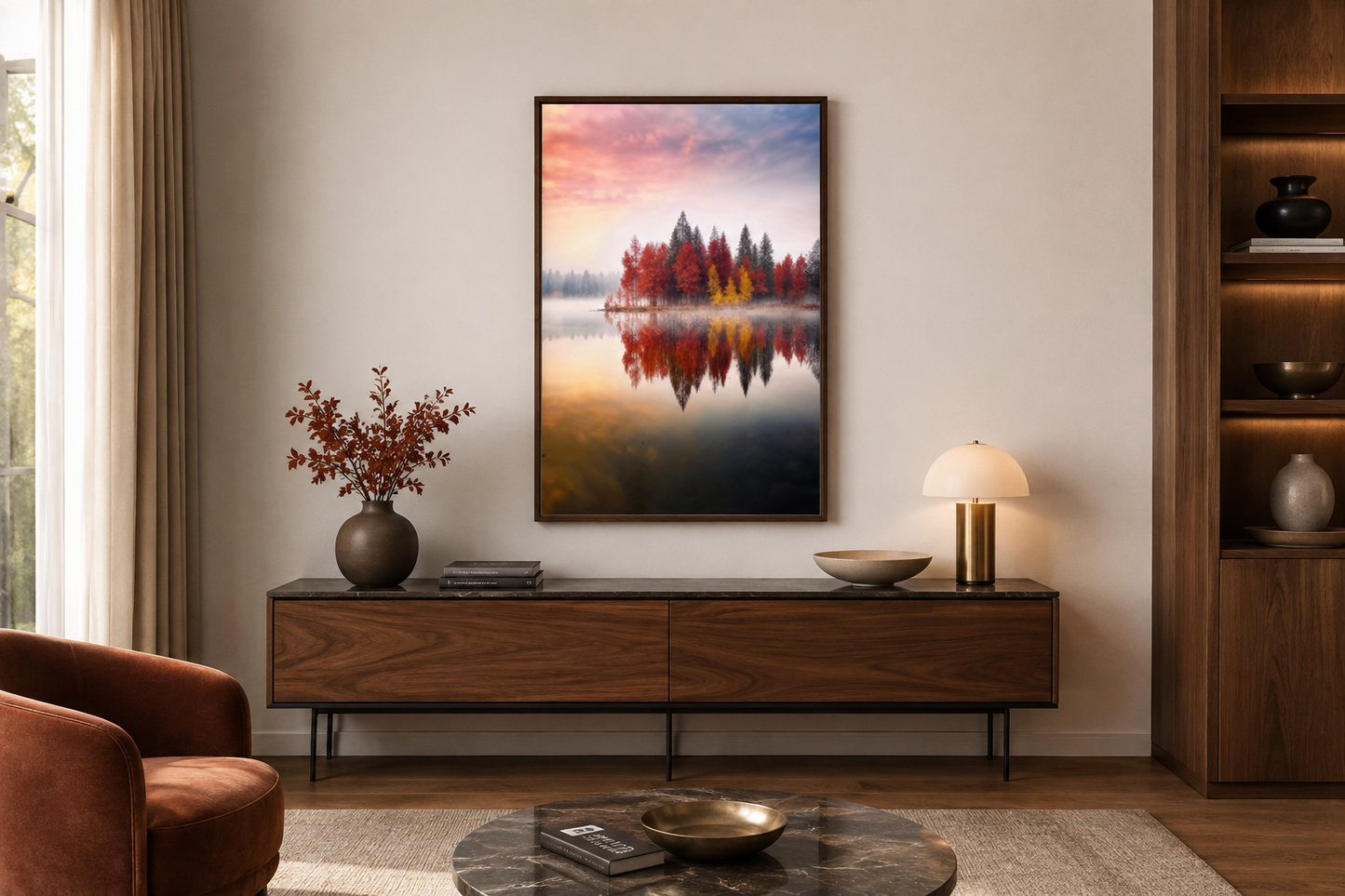 Autumn Fall Foliage Reflected in Lake Framed Canvas Wall Art