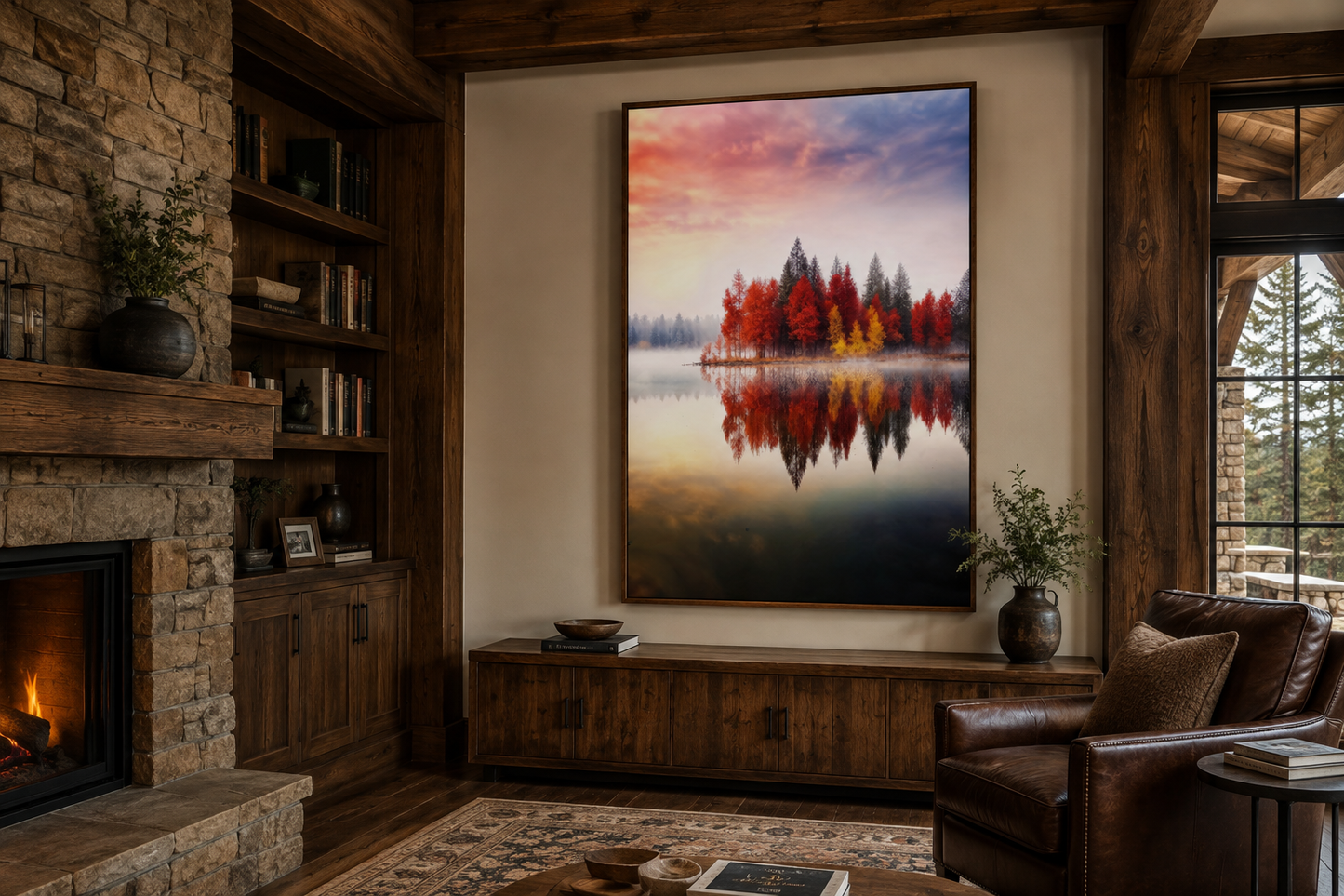 Autumn Fall Foliage Reflected in Lake Framed Canvas Wall Art