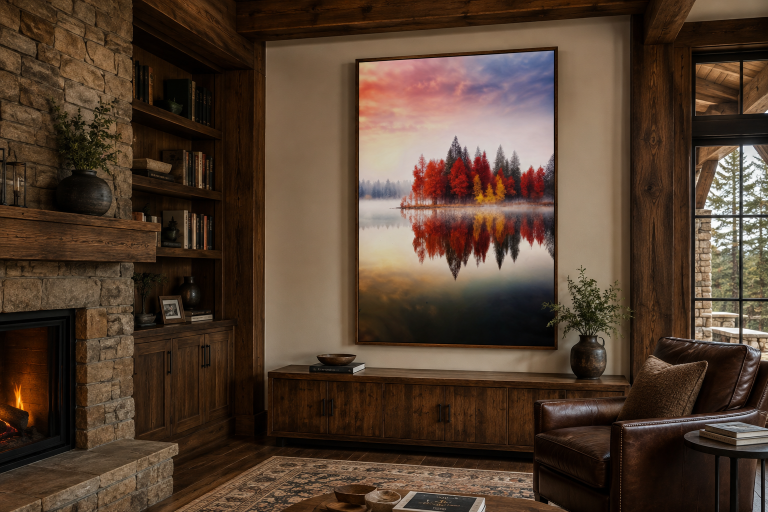 Autumn Fall Foliage Reflected in Lake Framed Canvas Wall Art