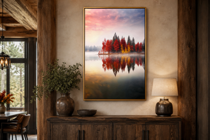 Autumn Fall Foliage Reflected in Lake Framed Canvas Wall Art