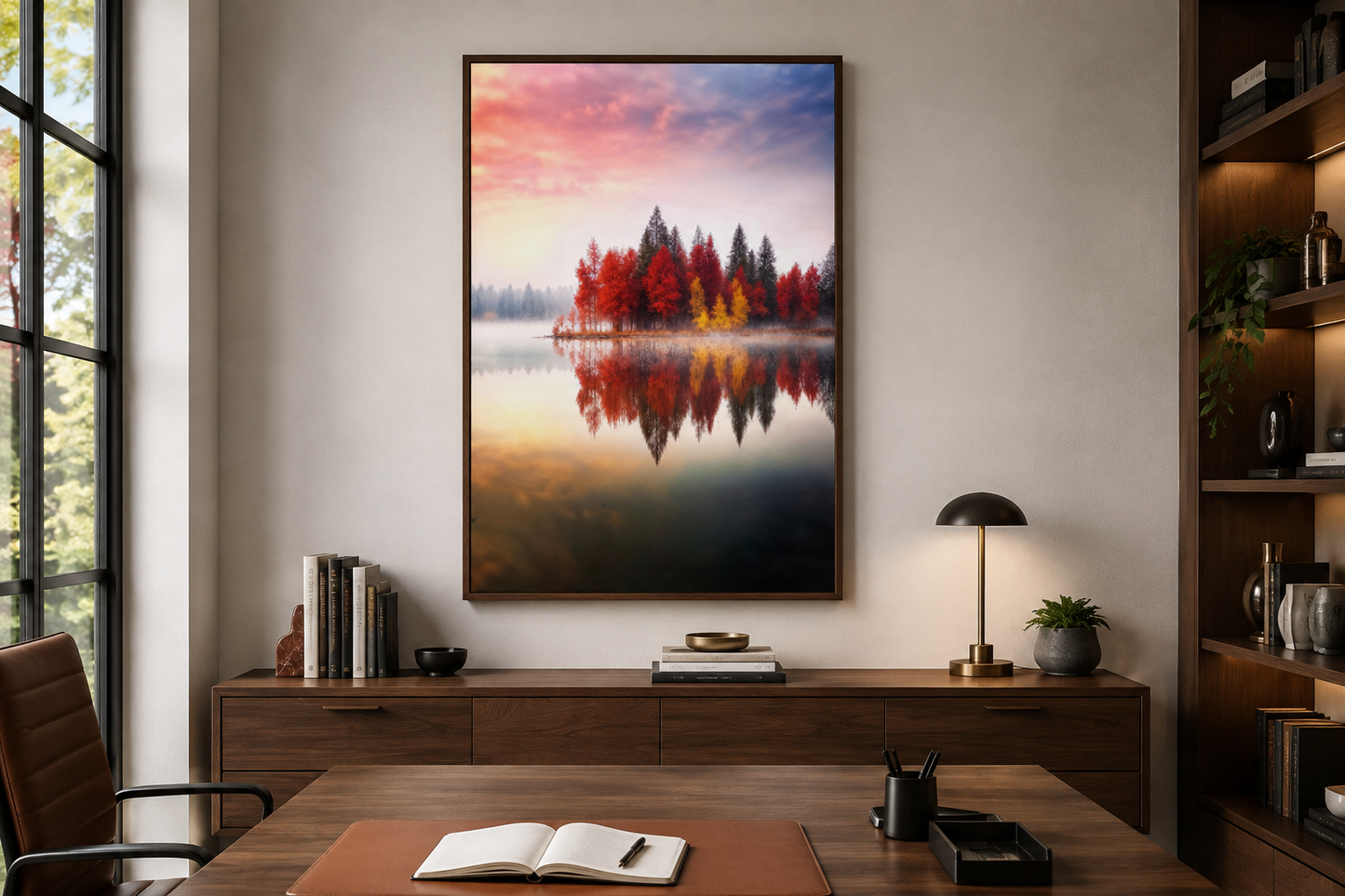 Autumn Fall Foliage Reflected in Lake Framed Canvas Wall Art
