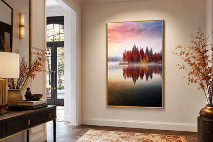 Autumn Fall Foliage Reflected in Lake Framed Canvas Wall Art