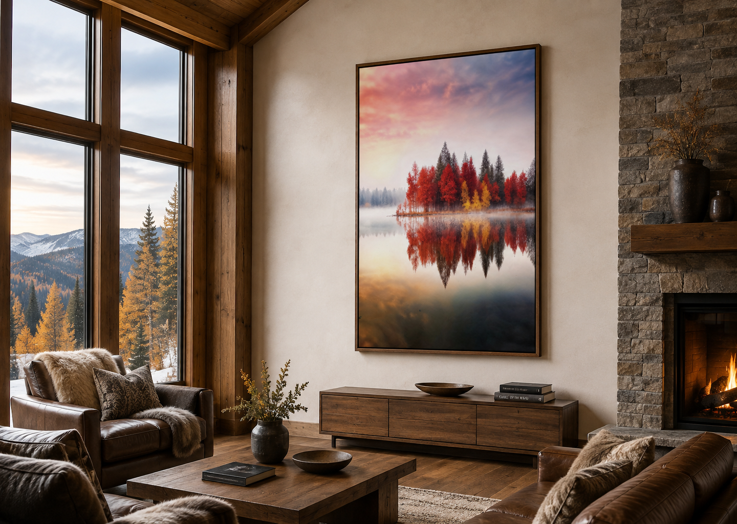 Autumn Fall Foliage Reflected in Lake Framed Canvas Wall Art