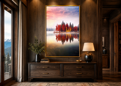 Autumn Fall Foliage Reflected in Lake Framed Canvas Wall Art