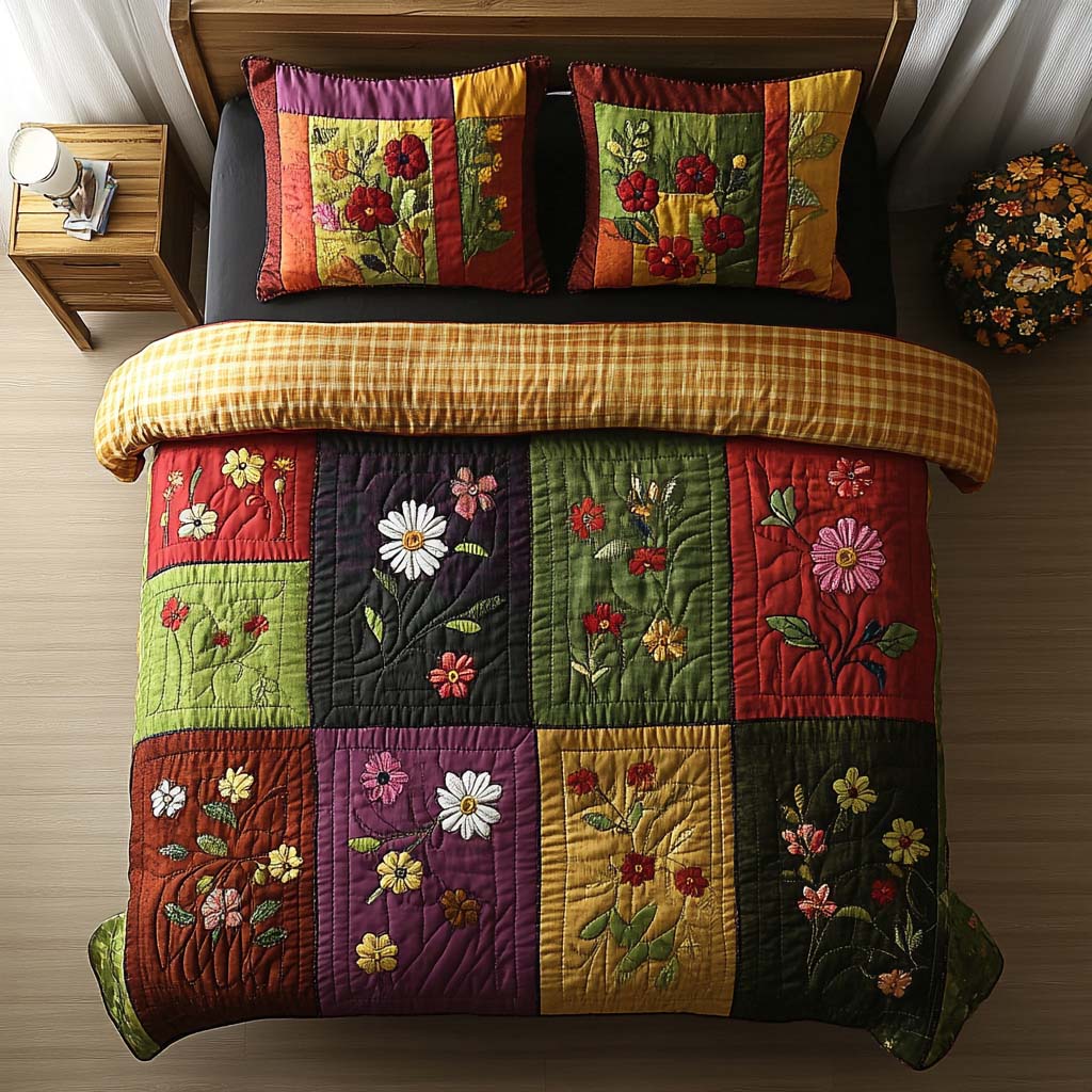 Autumn Flower Haven 3-Piece Quilted Bedding Set - Single (59" x 70")