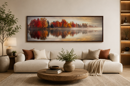 Autumn Forest Lake Reflection Long Horizontal Canvas Wall Art