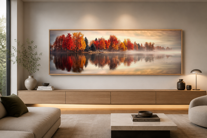 Autumn Forest Lake Reflection Long Horizontal Canvas Wall Art