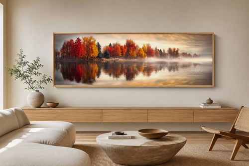 Autumn Forest Lake Reflection Long Horizontal Canvas Wall Art