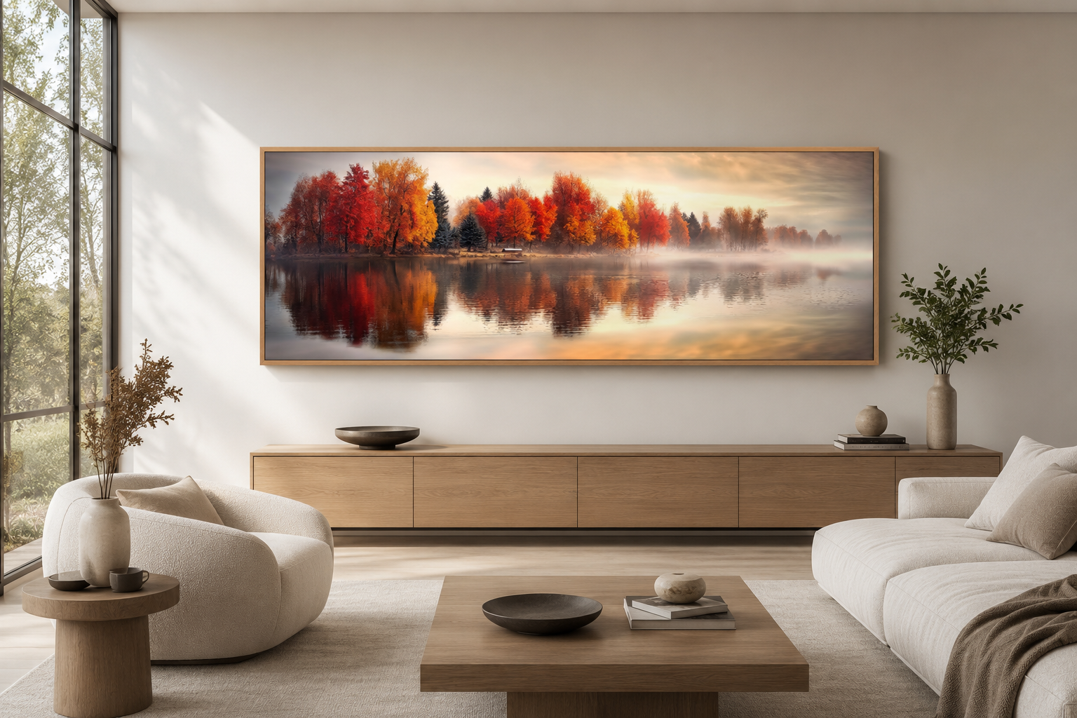 Autumn Forest Lake Reflection Long Horizontal Canvas Wall Art