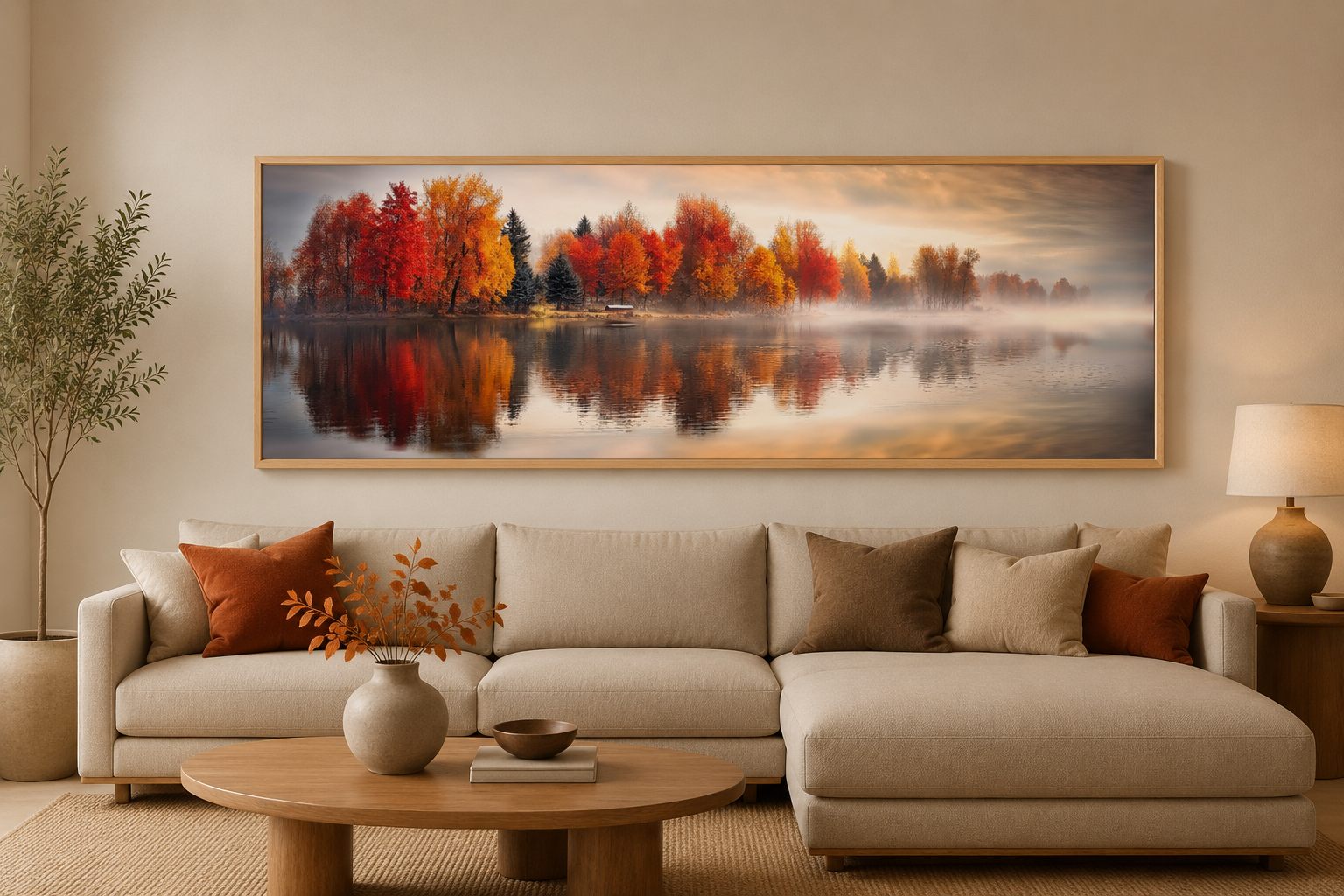Autumn Forest Lake Reflection Long Horizontal Canvas Wall Art