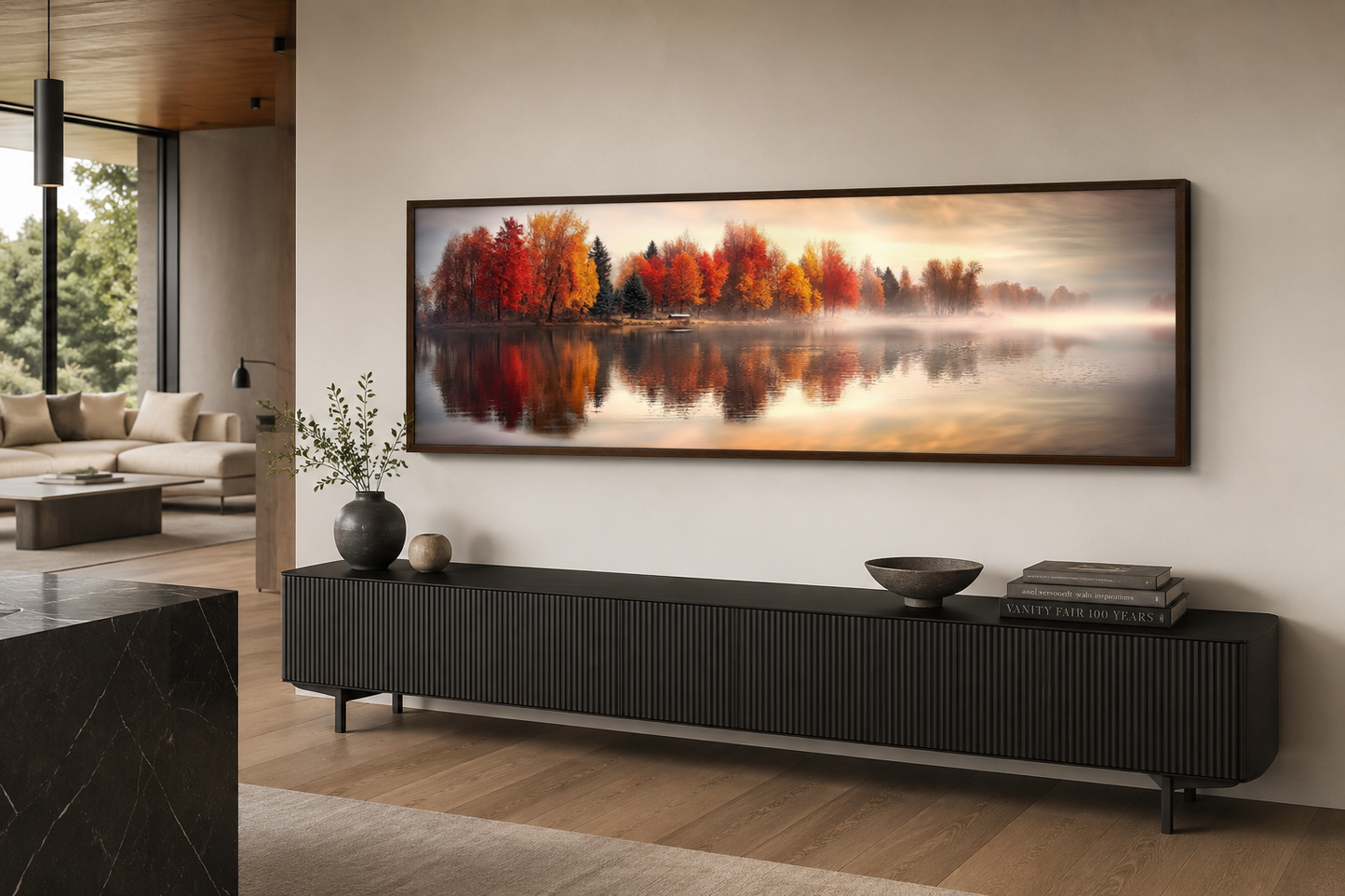 Autumn Forest Lake Reflection Long Horizontal Canvas Wall Art
