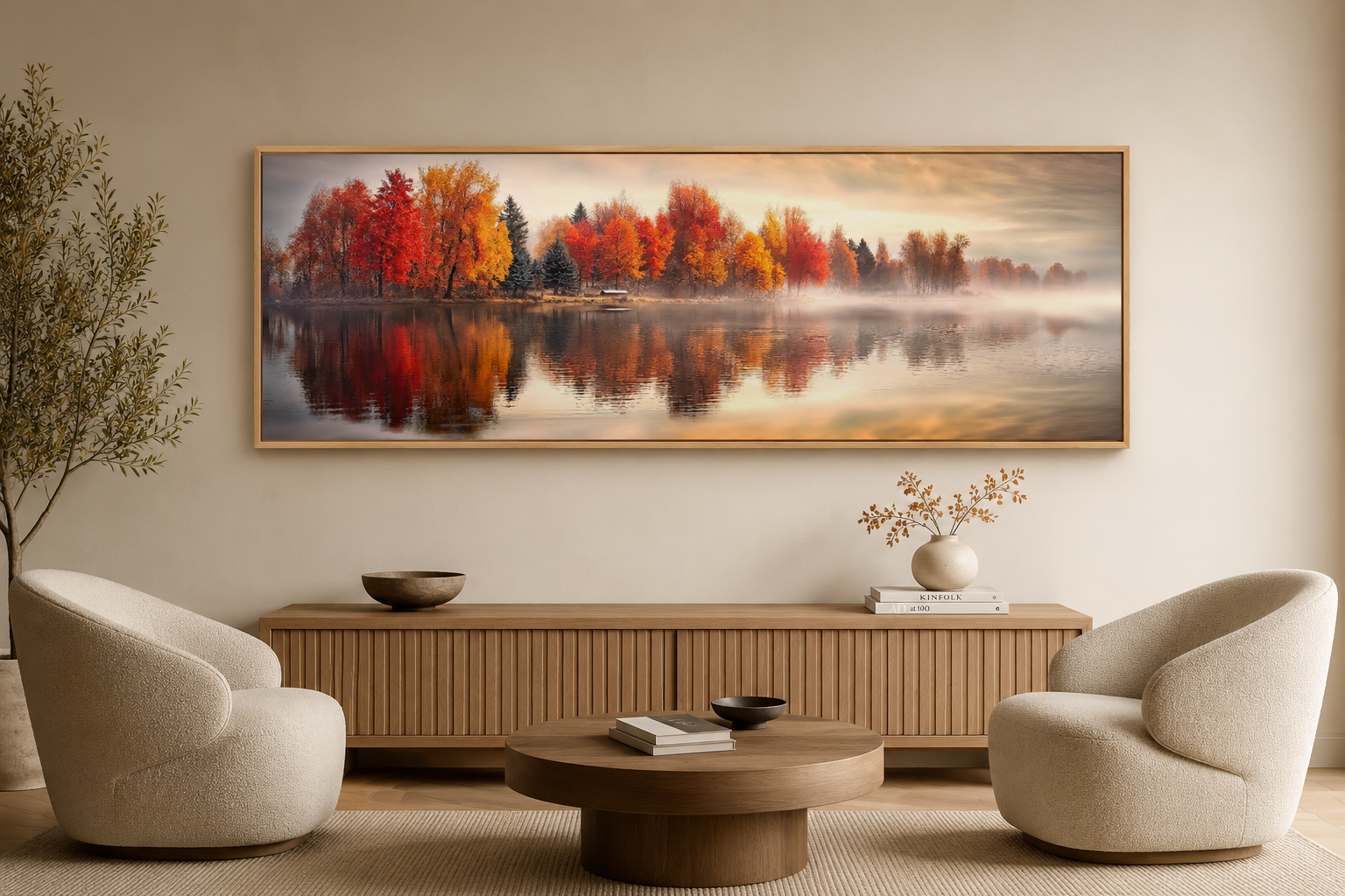 Autumn Forest Lake Reflection Long Horizontal Canvas Wall Art
