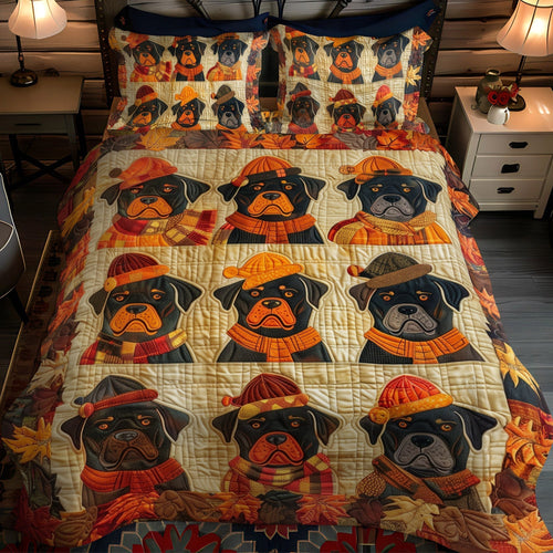 Autumn Leaves and Rottweiler Love 3-Piece Quilted Bedding Set - Single (59" x 70")