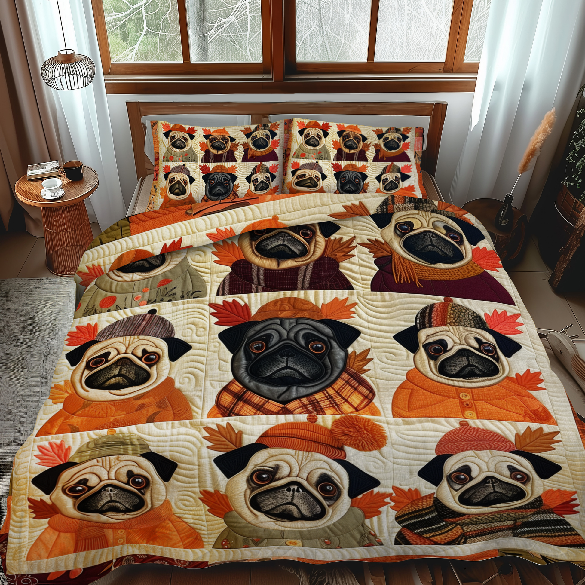 Autumn Vibe Pugs 3-Piece Quilted Bedding Set - Single (59" x 70")