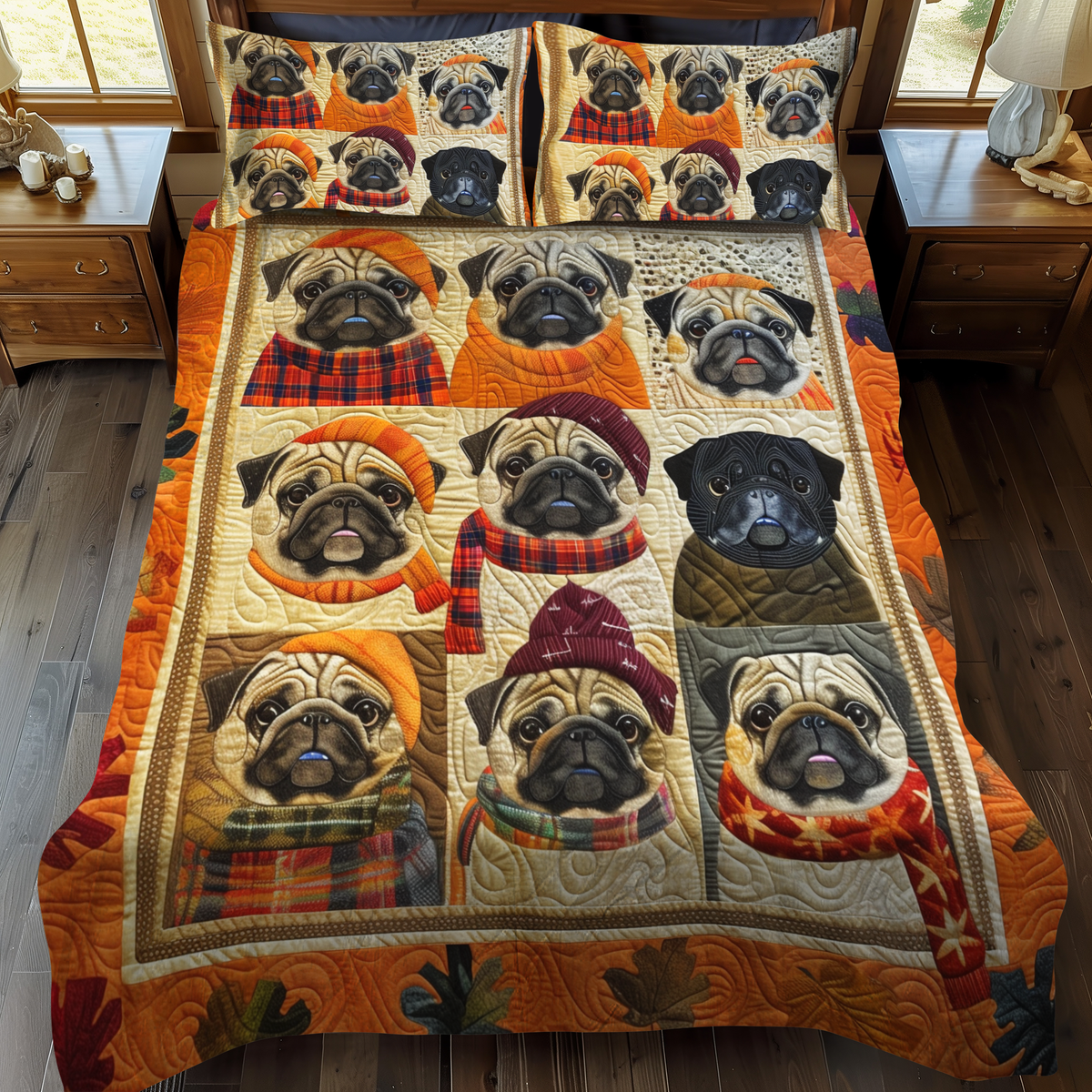 Autumn Vibe Pugs 3-Piece Quilted Bedding Set - Single (59" x 70")