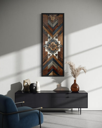 Aztec Style Wall Art - Native Geometric Art | Tall Narrow Canvas, Wood Mosaic Painting