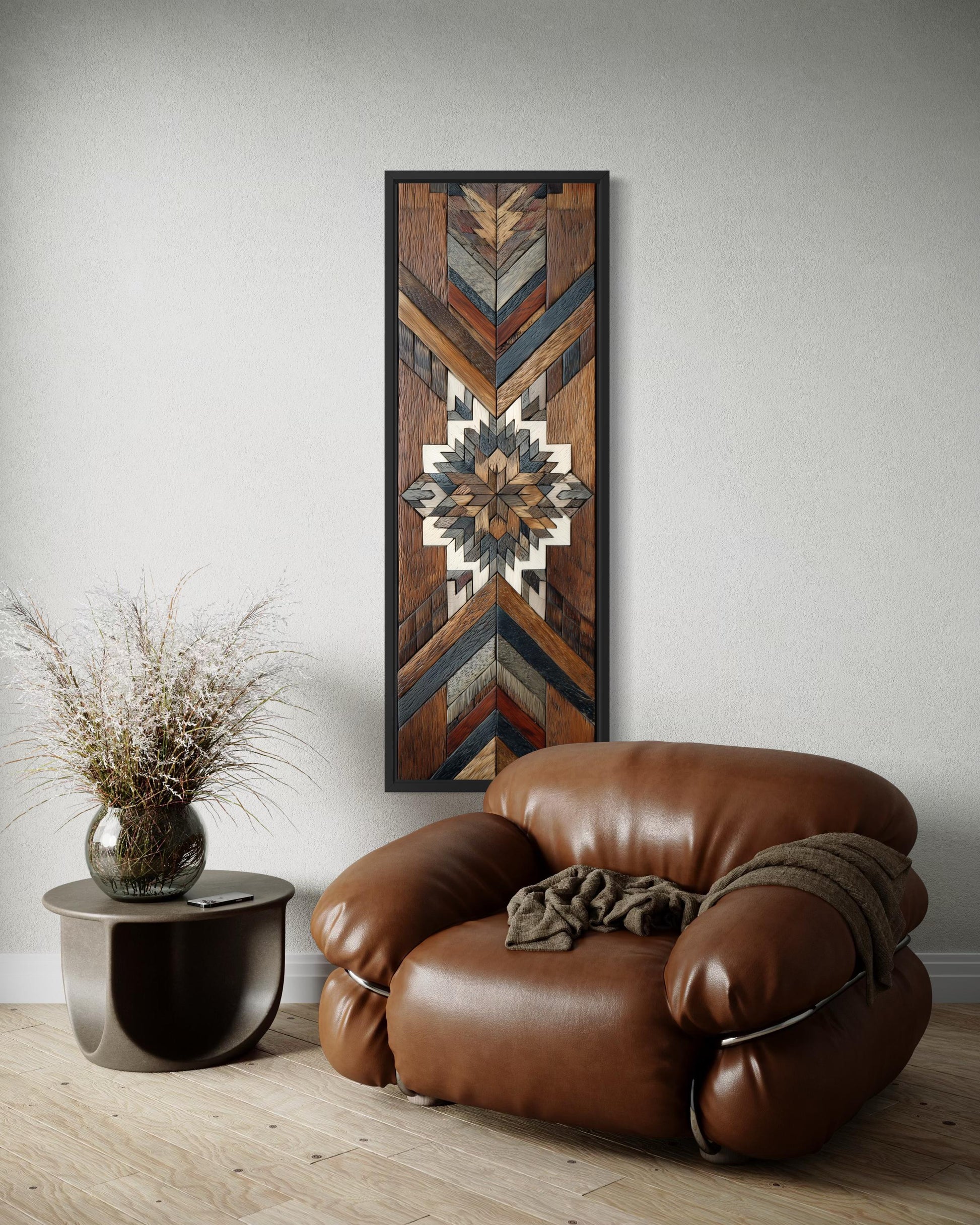 Aztec Style Wall Art - Native Geometric Art | Tall Narrow Canvas, Wood Mosaic Painting