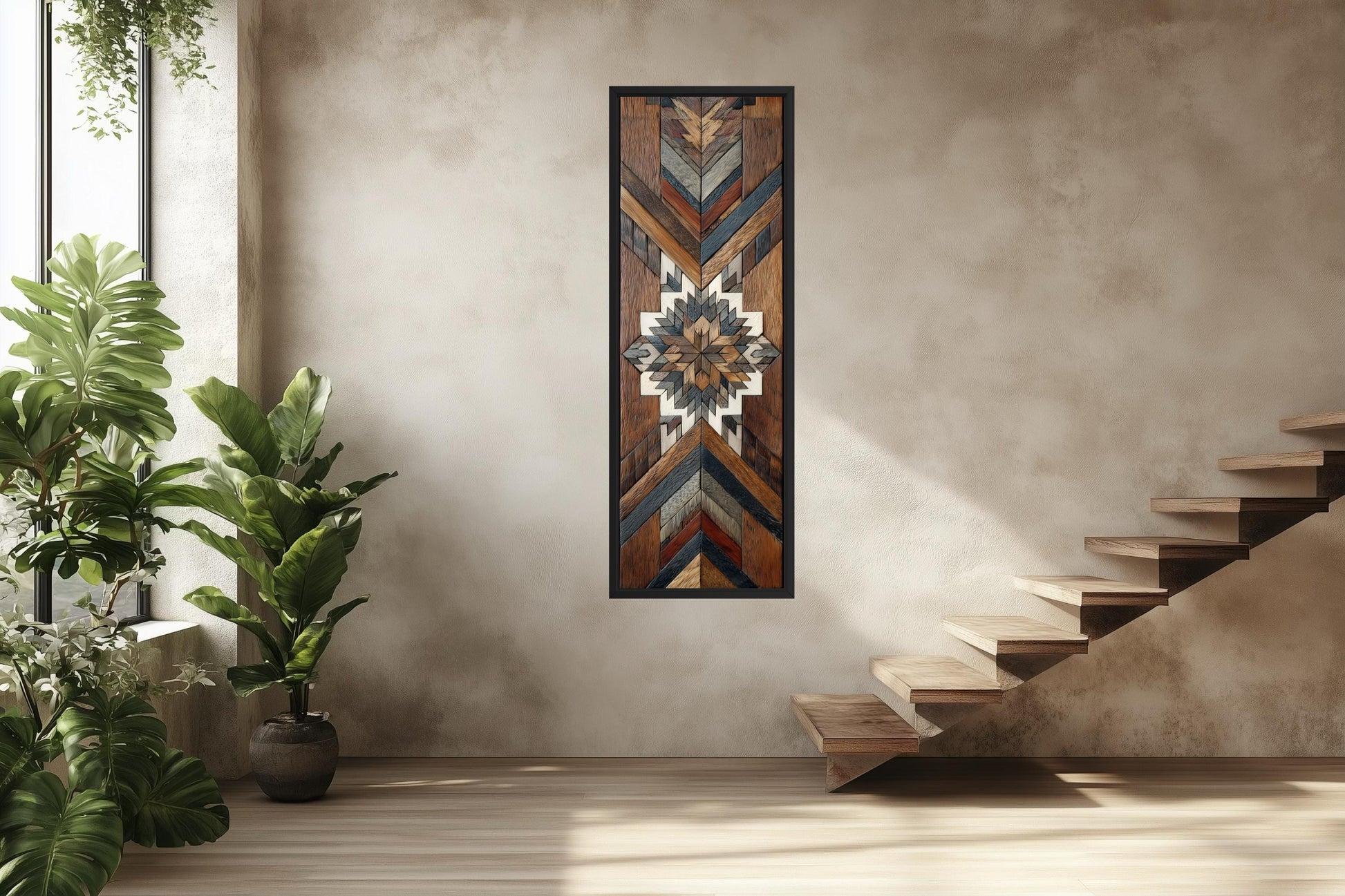 Aztec Style Wall Art - Native Geometric Art | Tall Narrow Canvas, Wood Mosaic Painting