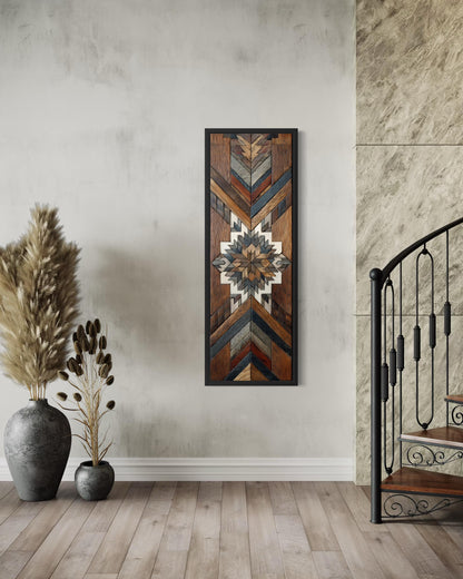 Aztec Style Wall Art - Native Geometric Art | Tall Narrow Canvas, Wood Mosaic Painting