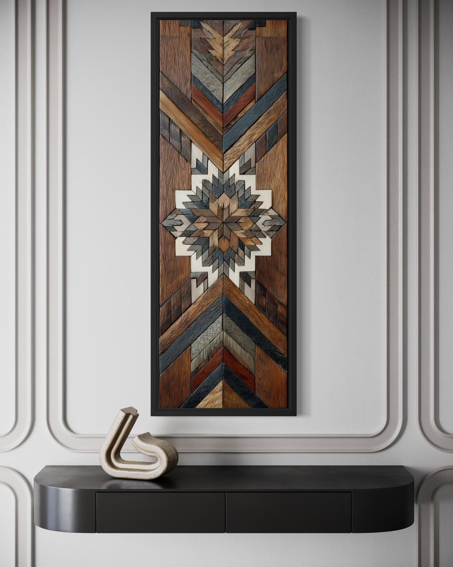 Aztec Style Wall Art - Native Geometric Art | Tall Narrow Canvas, Wood Mosaic Painting