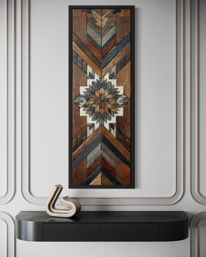 Aztec Style Wall Art - Native Geometric Art | Tall Narrow Canvas, Wood Mosaic Painting