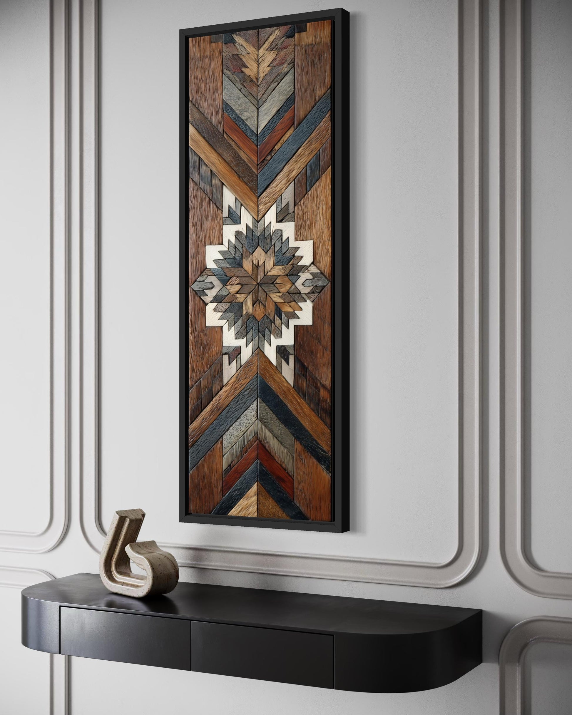 Aztec Style Wall Art - Native Geometric Art | Tall Narrow Canvas, Wood Mosaic Painting