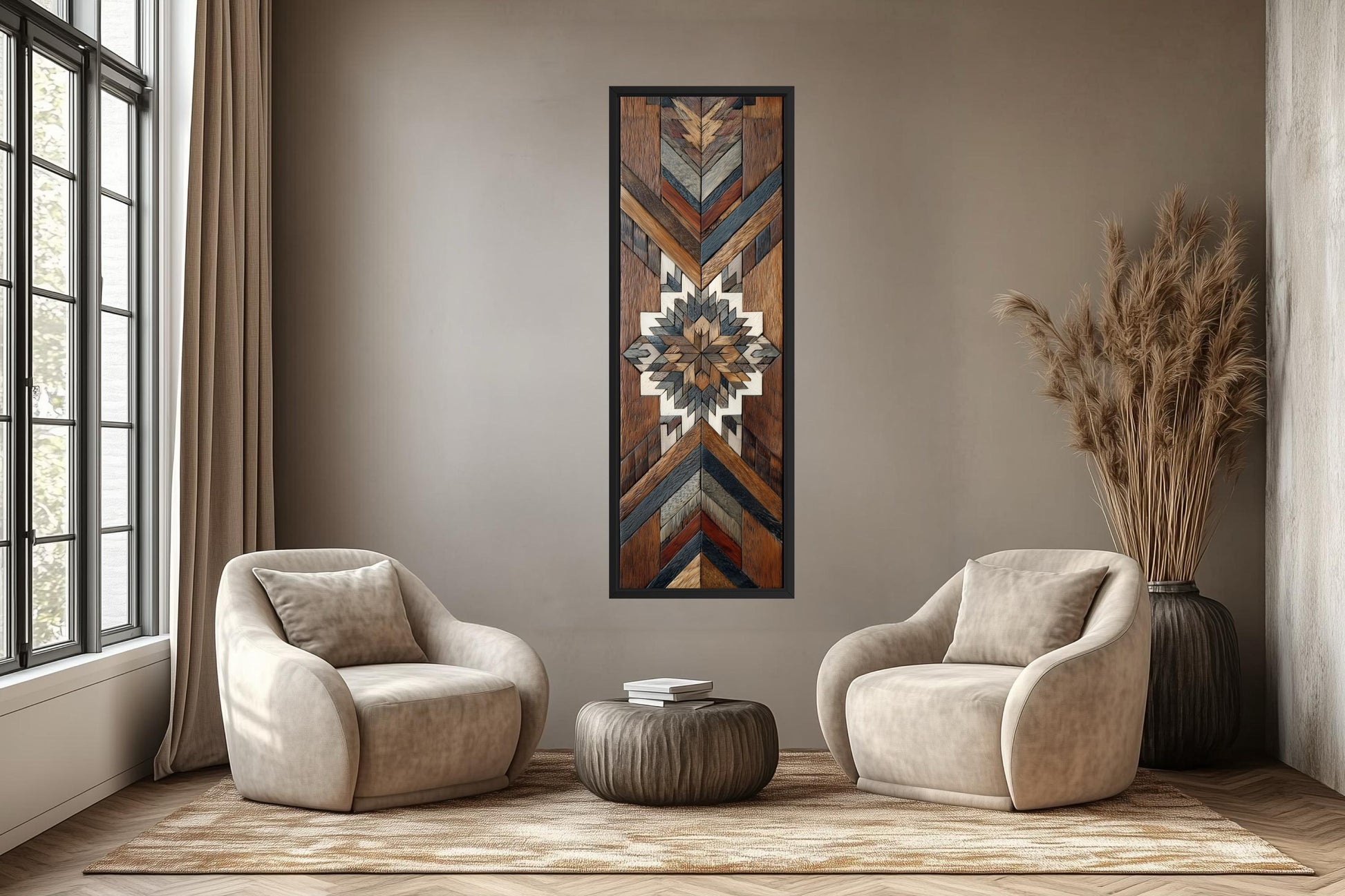 Aztec Style Wall Art - Native Geometric Art | Tall Narrow Canvas, Wood Mosaic Painting