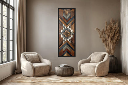 Aztec Style Wall Art - Native Geometric Art | Tall Narrow Canvas, Wood Mosaic Painting