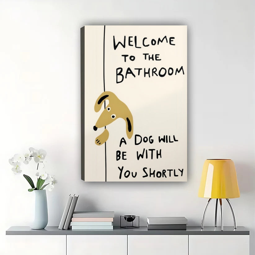 Welcome to the Bathroom Yellow Dog – Funny Bathroom Dog Wall Art on Natural Wood Canvas