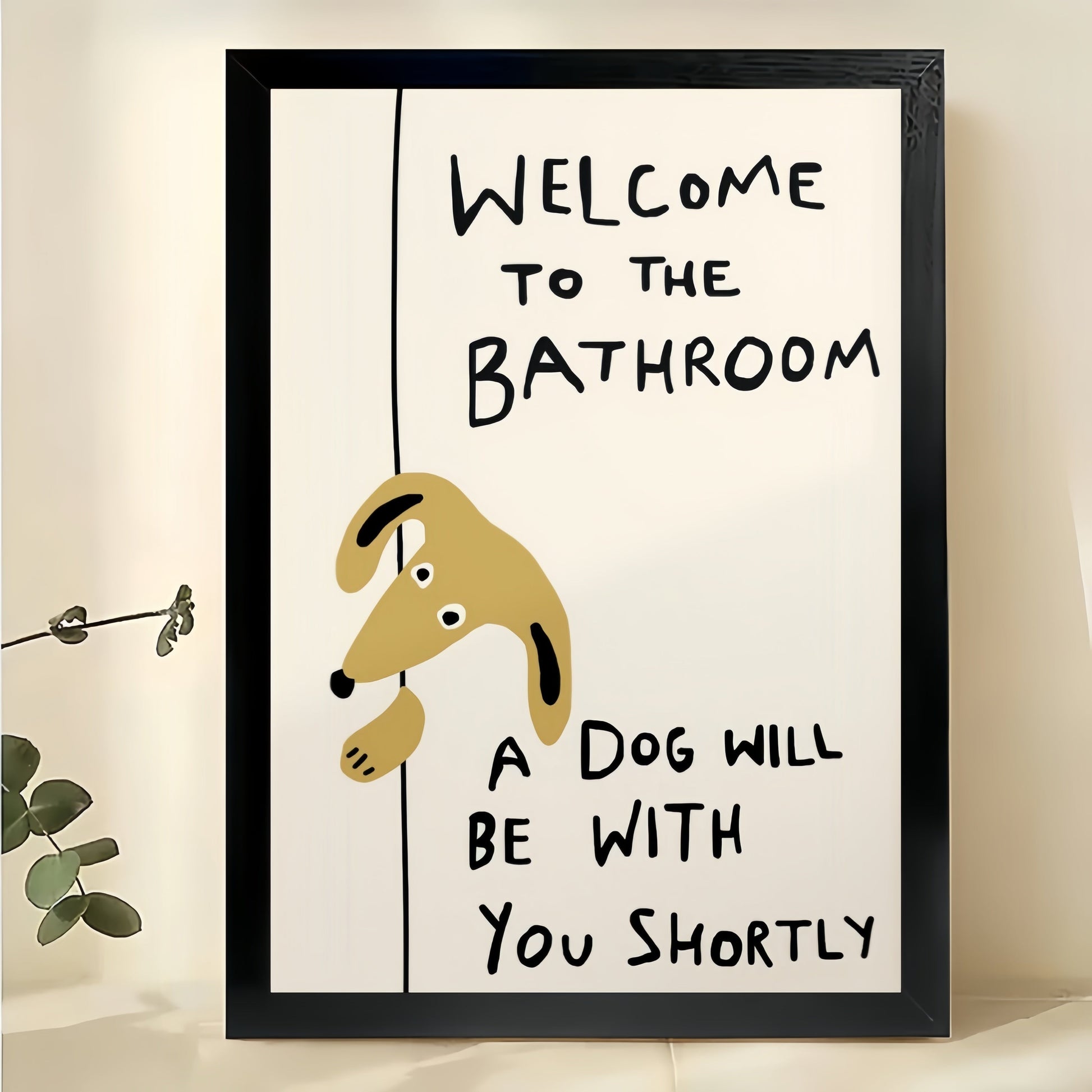 Welcome to the Bathroom Yellow Dog – Funny Bathroom Dog Wall Art on Natural Wood Canvas