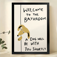 Welcome to the Bathroom Yellow Dog – Funny Bathroom Dog Wall Art on Natural Wood Canvas