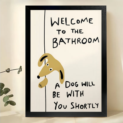 Welcome to the Bathroom Yellow Dog – Funny Bathroom Dog Wall Art on Natural Wood Canvas