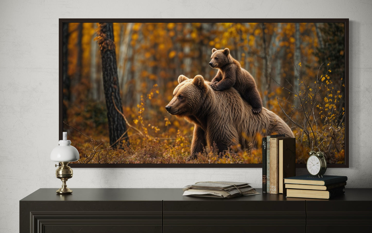 Baby Bear Riding Mama Bear In Autumn Forest Framed Canvas Wall Art For Cabin Decor