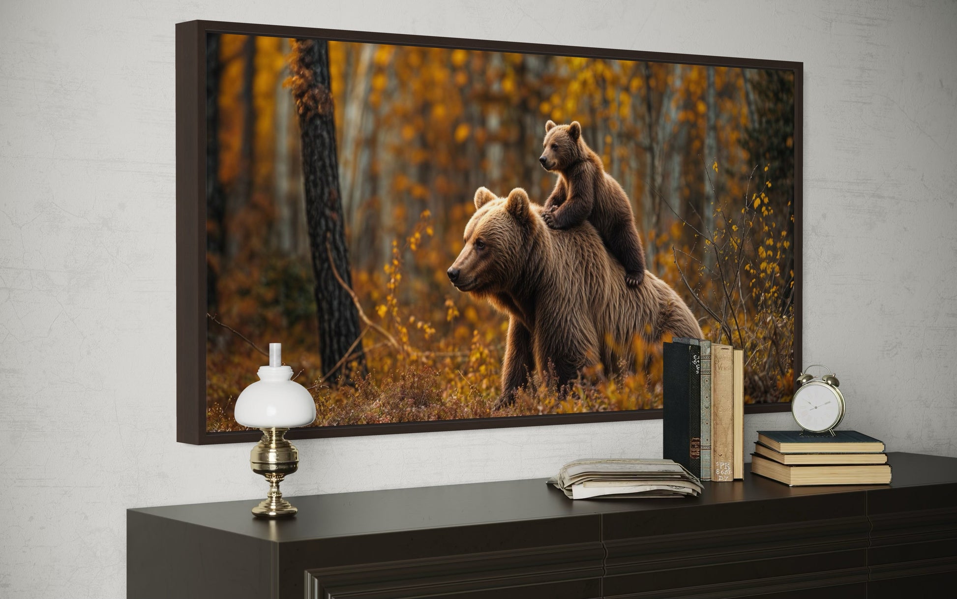 Baby Bear Riding Mama Bear In Autumn Forest Framed Canvas Wall Art For Cabin Decor