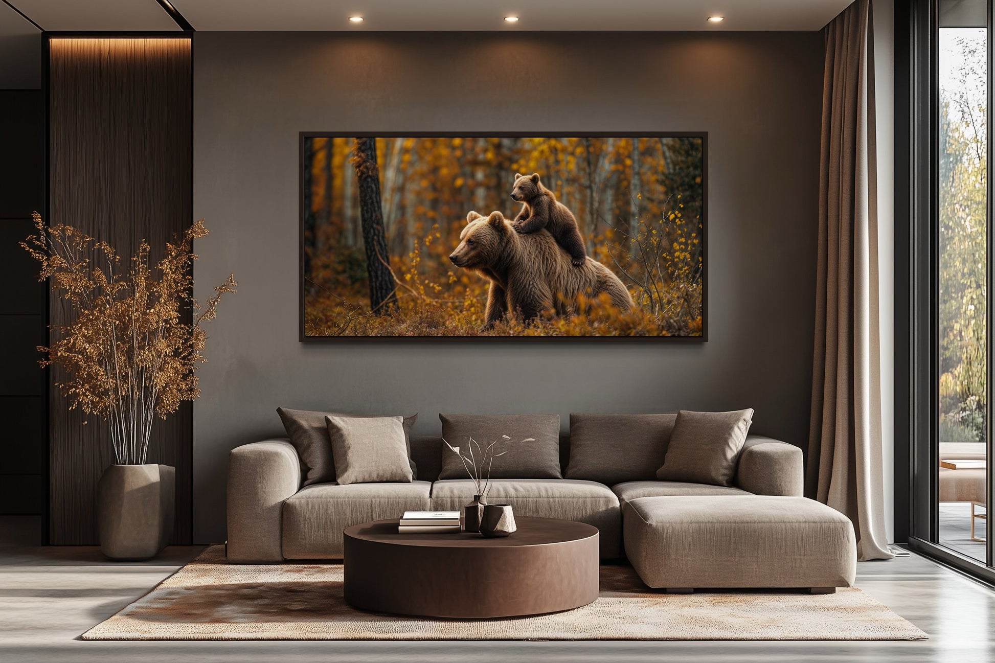 Baby Bear Riding Mama Bear In Autumn Forest Framed Canvas Wall Art For Cabin Decor