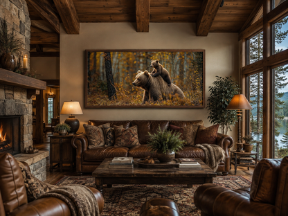 Baby Bear Riding Mama Bear In Autumn Forest Framed Canvas Wall Art For Cabin Decor